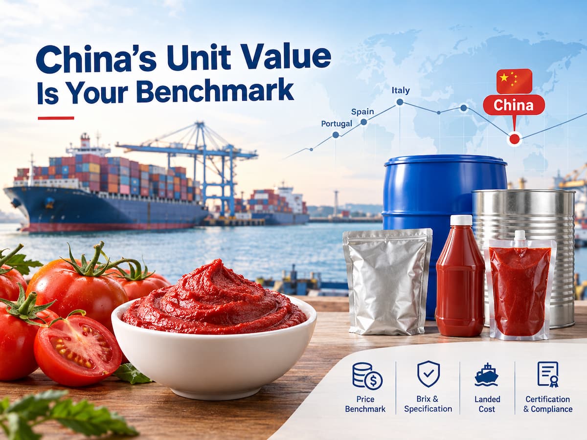 Preço da pasta de tomate na China em 2026: Valores unitários de exportação em comparação com Itália, Espanha e Chile.